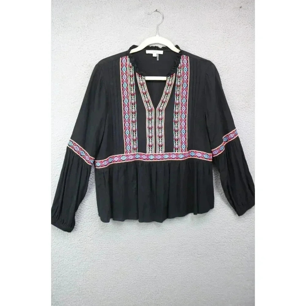 Andrea by Unit Long Puff Sleeves Embroidered Babydoll Top-Size Large-Boho